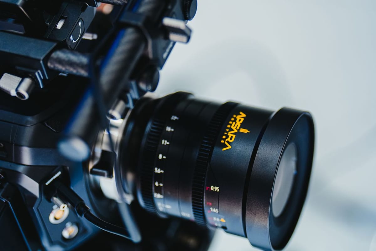 Example photo: a cine prime lens mounted on a camera, close up
